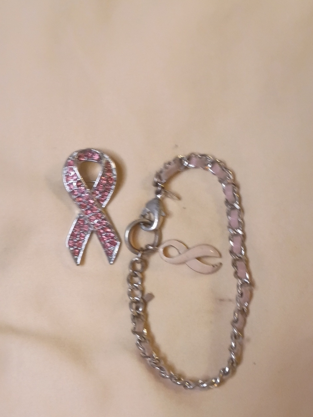 Pink Ribbon Breast Cancer Awareness Brooch and Charm Bracelet Set